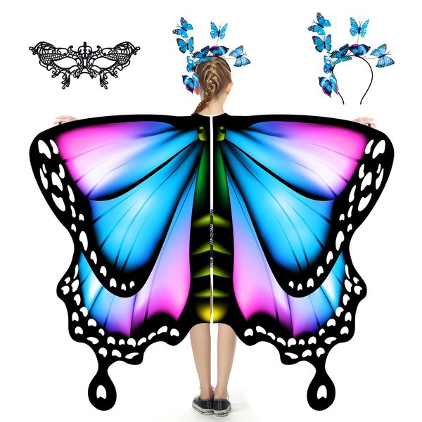 LYL. Ling Butterfly Wings For Girls, Butterfly Costume Blue Purple, Fairy Wings Shawl, Halloween Costumes For Kids (Blue-Pink)
