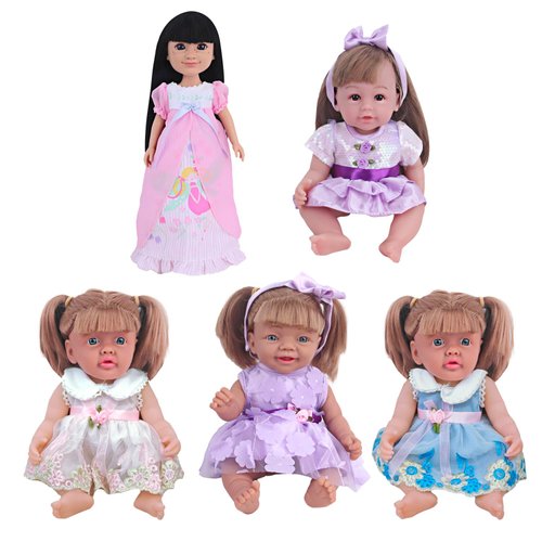 MSYO 5 Sets Fashionable Doll Clothes & Accessories for 14 Inch Dolls, Pink & Lavender Lace-Trimmed Dresses with Sticky Tape, Doll Dress for My Life Doll & OG Dolls, 8 Pcs Doll Accessories