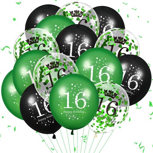 16th Green Birthday Balloons Decorations Kids,15PCS Green Black 16th Birthday Balloons for Boys Girls 16 Years Old Anniversary Party Decor Latex Inflatable Confetti Balloons Indoor Outdoor Supplies