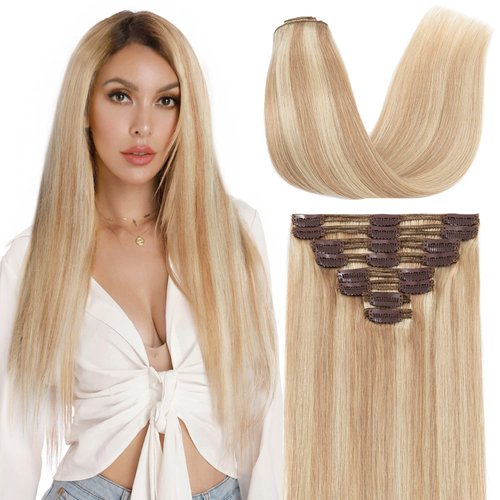 S-noilite Clip in Hair Extensions Real Human Hair Ash Blonde mix Bleach Blonde Balayage Human Hair Extensions Clip Ins 18 Inch 8pcs 140g Double Weft #18P613