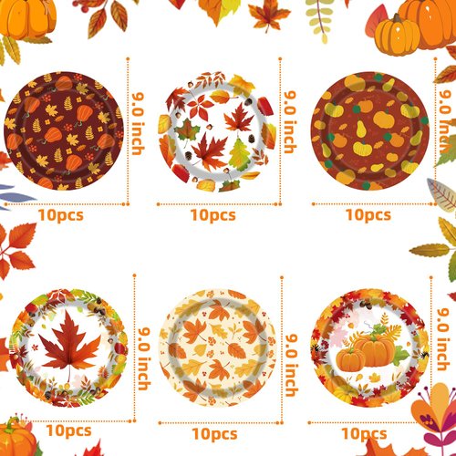 UROINEPA Thanksgiving Plates 60Pcs Fall Thanksgiving Paper Plates 9 Inch Autumn Maple Leaves Pumpkins Disposable Plates for Thanksgiving Fall Party Decoration Supplies