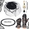 Fascinator Hats for Women Tea Party Hats and Gloves Set Include Mesh Hats Lace Gloves Pearl Necklace Earring for Women Girls (Black, Floral Style)