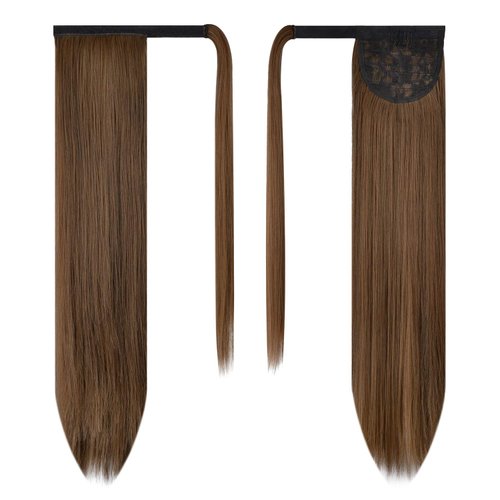 BARSDAR Straight Ponytail Extension - 26 Inch Long Straight Wrap Around Ponytail for Women Clip in Ponytail Hair Extensions Synthetic Brown Hair Pony Tails Hairpieces Daily - Dark Brown & Auburn