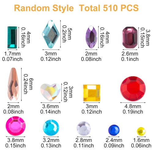 HINZIC 510pcs Rhinestones Nail Art Charm, Flatback Gems Colorful Crystal Glass Jewels Valentines Face Clothes Shoes Decor Bead, Mini Diamond Heart Round Geometric for Crafts Acrylic Nail Supplies