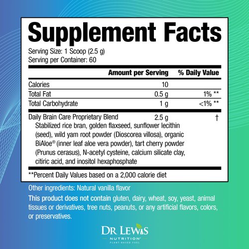 Brain Supplements for Memory and Focus – Dr Lewis Daily Brain Care Powder with Aloe Vera – Plant-Based Nootropic and Energy Supplement for Brain Fog, Mental Clarity, and Immune Support – Powder, 150g