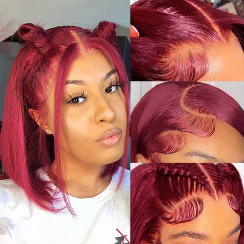 99J Burgundy Bob Wig Human Hair 13x4 Straight(12 Inch) Lace Front Wigs Human Hair Pre Plucked with Baby Hair 13x4 Short Bob Wine Red Wig Glueless Transparent Lace Wigs for Women 150% Density