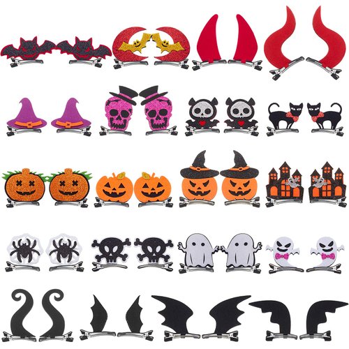 40 Pieces Halloween Cartoon Hair Clips Pumpkin Ghost Bat Wing Black Cat Witch Hat Devil Horn Spider Web Barrettes Alligator Hair Pins Halloween Cosplay Costume Accessories for Kids Girls Women