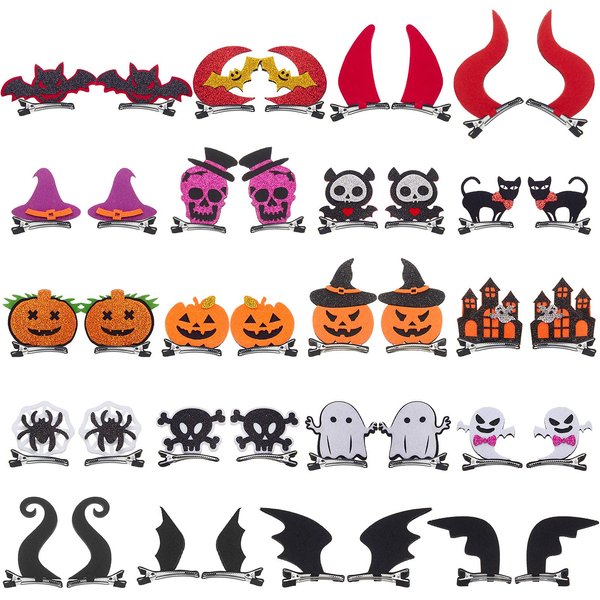 40 Pieces Halloween Cartoon Hair Clips Pumpkin Ghost Bat Wing Black Cat Witch Hat Devil Horn Spider Web Barrettes Alligator Hair Pins Halloween Cosplay Costume Accessories for Kids Girls Women