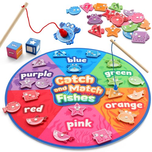 Coogam Montessori Toy for Toddlers, Fine Motor Skill Wooden Magnetic Fishing Game for Year Old Kids, Color and Shape Sorter for Age 3 4 5 Girls Boys Preschool Educational Gift