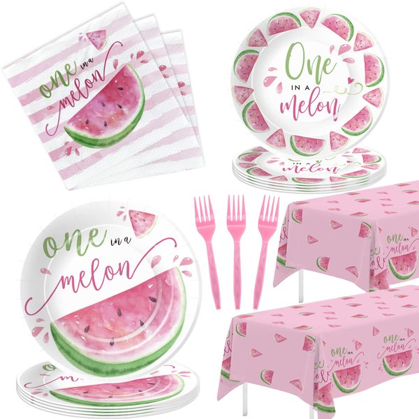 APOWBLS One In A Melon Party Decorations Tableware, Watermelon Party Supplies For 1st Birthday, Plate, Napkin, Tablecloth, Fork, Watermelon First Birthday Plates & Napkins Party Decorations | Serve 24