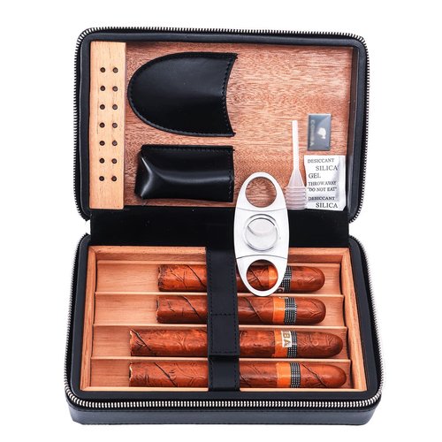 Time C Club 4-Finger Portable Black Weave Texture Travel Leather Cigar Case, Cigar Cutter, Cigar Humidor with and Humidifier, Groomsmen Gift, Birthday Gift