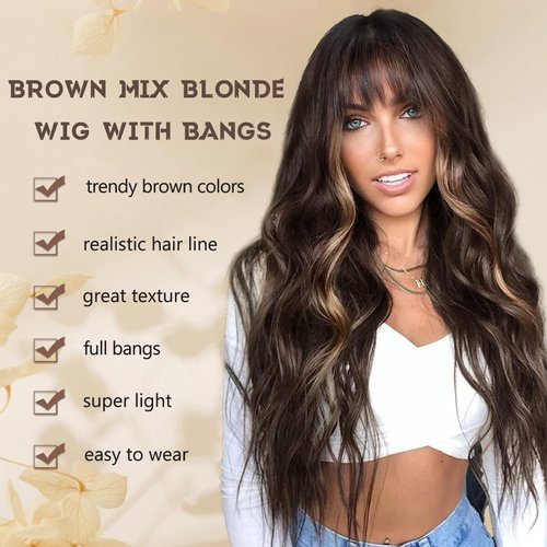 MINLEE Long Brown Wavy Wig for Women 26 Inch Wigs with Bangs Natural Looking, Synthetic Heat Resistant Fiber Wig for Daily Party Use (Brown Mix Blonde)