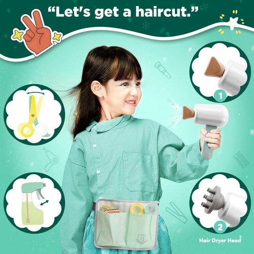 Hair Salon Playset for Kids, [2024] Pretend Play Hair Salon Wooden Toys with Hair Dryer, 2-in-1 Play Hair Styling & Role Play, 18-Piece Wooden Beauty Salon Toy - Birthday Gift for Girls Boys Ages 3-8