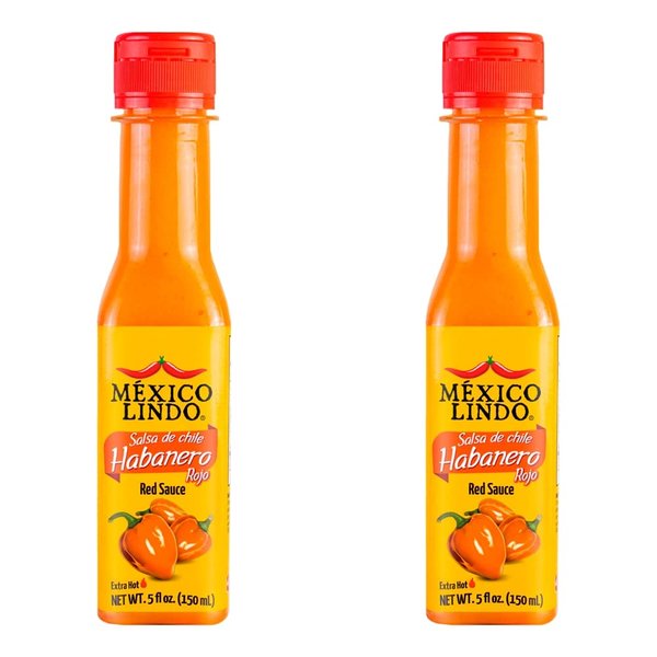 MEXICO LINDO Red Habanero Hot Sauce, Real Red Habanero Chili Pepper, 78,200 Scoville Level, Enjoy with Mexican Food, Seafood & Pasta, 5 Fl Oz Bottles (Pack of 2)