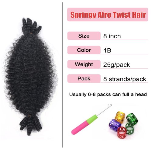 3 Packs Marley Twist Braiding Hair 8 inch Pre-Separated Springy Afro Twist Hair for Pre Fluffed Spring Synthetic Curly Extensions Black Women (8inch, 1b-3)