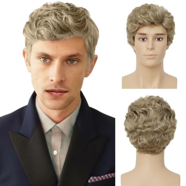 Salaibs Blonde Curly Short Wigs for Men Natural Fluffy Male Hair Synthetic Heat Resistant Fiber for Daily Wig Cap