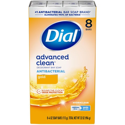 Dial Antibacterial Deodorant Bar Soap, Advanced Clean, Gold, 4 oz, 8 Bars