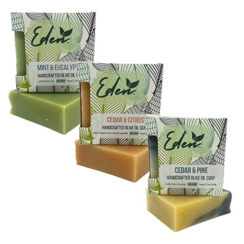 EDEN Daily Essentials - Men's Soap Bar Natural & Handmade, Scented with Essential Oils - Masculine scents: Cedar Citrus, Cedar Pine Tar, Mint Eucalyptus - Gift pack - Natural Men Soap - Gift for him -