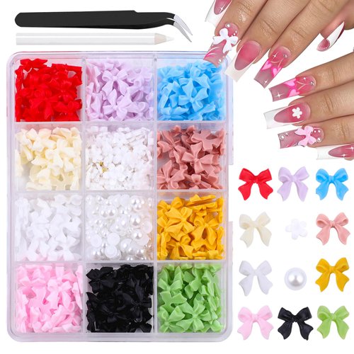 3D Bow Charms for Nails Cute Butterfly Nail Charms Mixed Colors Bows Style and Wihte Flatback Pearl Nails Petal,for Manicure DIY Nail Art Design Jewelry Decoration