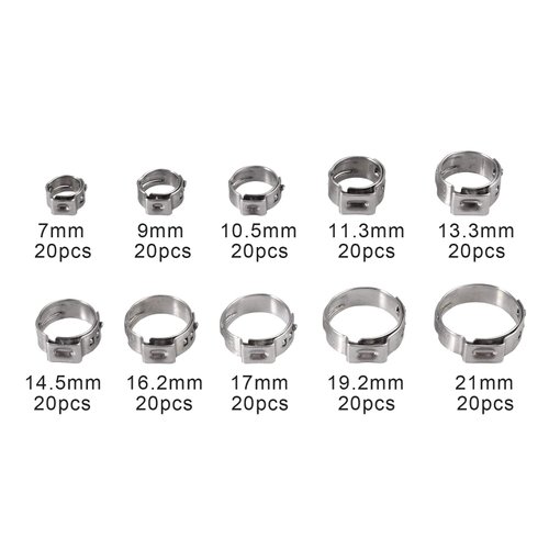 Proster 200pcs Ear Clamps Stainless Steel Hose Clamp Clip 5.8-7mm, 7.3-9mm, 8.8-10.5mm, 9.6-11.3mm, 10.8-13.3mm, 12-14.5mm, 13.5-16.2mm, 14.5-17mm, 16-19.2mm, 17.8-21.0mm