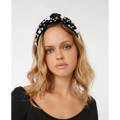 Wecoe 2 Pack Black White Knotted Headbands Rhinestone Pearl Headband For Women Girls Wide Headbands Non Slip Fashion Cloth Sparkly Diamond Beaded Headbands Hair Accessories For Women Girls Gifts