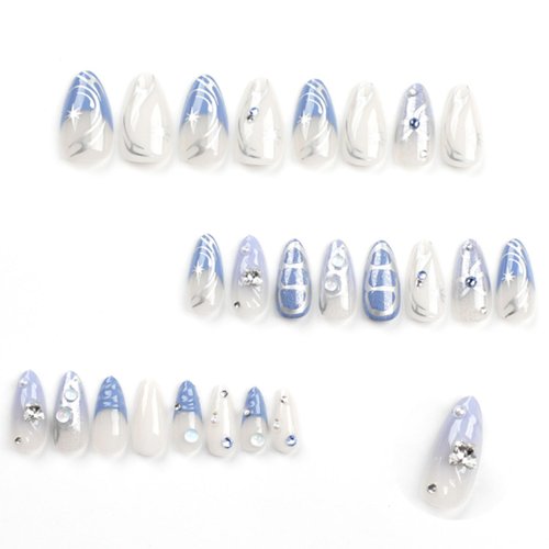 DANMANR Blue Fake Nails Medium Press on Almond Nails Butterfly Full Cover Acrylic Gradient Fake Nails for Women and Girls 24PCS