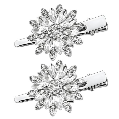 Xinjoduz 2 PCS Crystal Rhinestone Hair Clips, Sparkle Flower Design Alligator Hair Barrettes Non-Slip Floral Duckbill Hairpins Bling Fancy Hair Clips for Women Girls Hair Jewelry Accessories(Silver)