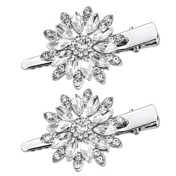 Xinjoduz 2 PCS Crystal Rhinestone Hair Clips, Sparkle Flower Design Alligator Hair Barrettes Non-Slip Floral Duckbill Hairpins Bling Fancy Hair Clips for Women Girls Hair Jewelry Accessories(Silver)