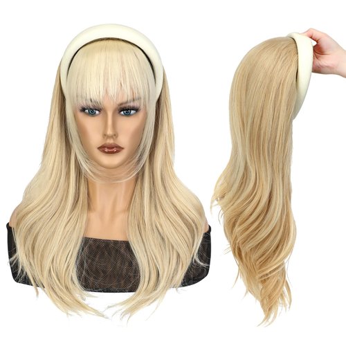 Soulwigger 22 inch Synthetic Beige Headband Hair Wig Curly Body Wave Glueless Ash Blonde mix Bleach Blonde Wigs For Women With None Lace Front