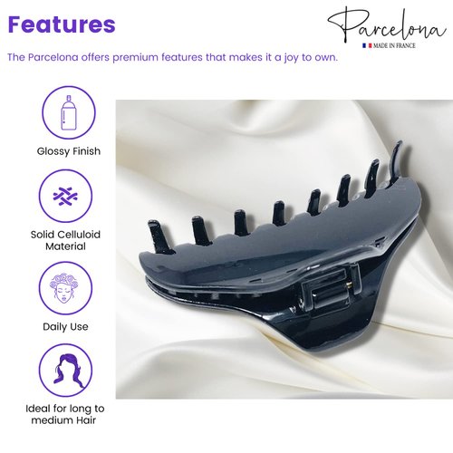Parcelona French Boss Thin and Narrow Glossy Black Medium Covered Spring Jaw Hair Claw Clip Clutcher Clamp for Fine and Long Hair Types