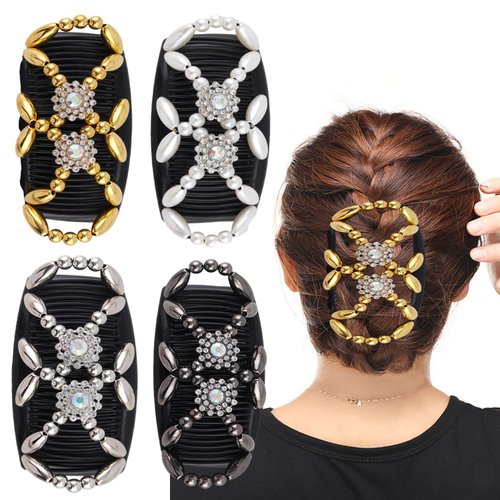 JINBUYAO 4pcs Magic Hair Side Combs for Women Stretch Double Clips Thick Hair Clip Combs Popular Hairstyles Deft Bun Maker Hair Accessories(Rhinestone Flower)