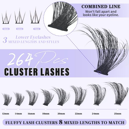 Fluffy Lash Clusters with Bottom Lashes Thick 200D Volume Individual Lashes 12-25mm Wispy Eyelash Clusters D Curl Cluster Eyelash Extensions 264pcs DIY Lash Extension for Beginners