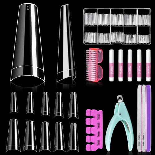 Clear Coffin Nails Tips Half Cover, IKOCO 500Pcs Nail Tips for Acrylic Nails Professional Ballerina False Nails with Glue, Nail Clipper, Nail File Buffer for DIY Fake Nails