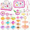 Hohosunlar Kids Tea Party Set for Little Girls, Flower Toy Tin Tea Set with Carry Case, Dessert Play Food Tea Cup Set Teapot Girl Jewelry, Birthday for Girls Kids 3 4 5 6 7 Years Old