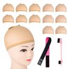 12pcs Brown Stretchy Nylon Wig Caps for Women Teenitor, Closed End Hair Mesh Net Liner Weaving Caps for Halloween, Cosplay, Skin Tone Lace Front Stocking Cap with Elastic Bands, 5 in 1 Edge Brush Pink