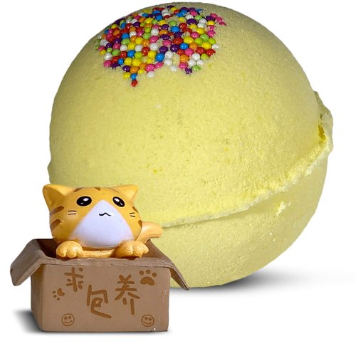 1 Bubble Bath Bomb for Kids with Surprise Toy Inside CAT in The Box - All Natural Safe for Sensitive Skin with Olive & Coconut Oil and Sweet Candy Crush Scent - Comes in Giftable Box