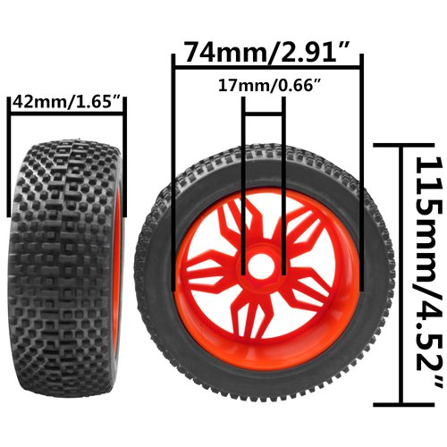 ShareGoo OD 4.52" 1/8 RC Buggy Rubber Tires Tyre w/ 5 Spoke Plastic Rim 17mm Hex Compatible with Arrma Kyosho Exceed RC Traxxas Redcat HSP HPI 1/8 Scale Off Road Car Buggy (Red)