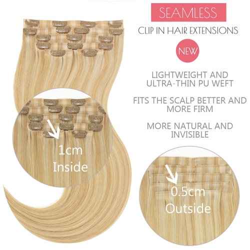 Loxxy Blonde Clip In Hair Extensions 18Inch Remy Human Hair Piano Light Golden Brown Mixed With Platinum Blonde Color Seamless Hair Extensions Clip in Super Soft Thin PU Weft 7PCS 110Gram P#12/60A