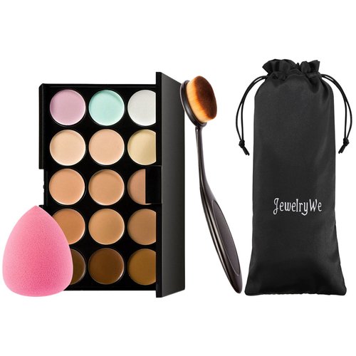 JewelryWe 15 Colors Makeup Cosmetic Contour Concealer Palette Kit with Blender Sponge+Make Up Oval Toothbrush Brush