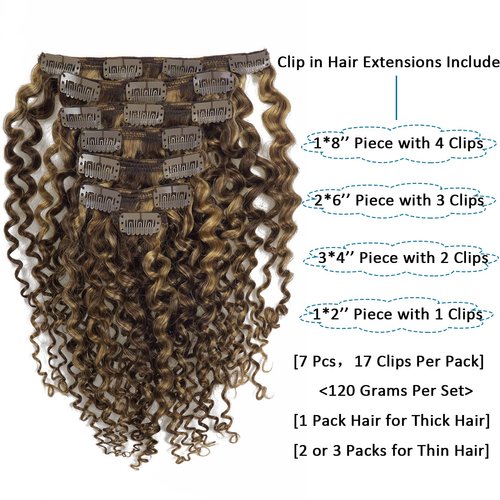 Caliee Curly Clip in Hair Extension 3B 3C Jerry Curly Full Head 20inch Real Remy Human Hair Extensions Highlight Piano Dark Brown Mixed with Strawberry Blonde JC#P4/27 7Pcs 17Clips 120G