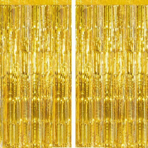 CHRORINE 2pcs 3ft x 8.3ft Gold Tinsel Foil Fringe Curtains Streamers Backdrop for Birthday Graduation Wedding Engagement Bridal Shower Bachelorette Holiday Gold Party Decorations
