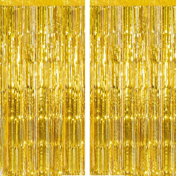 CHRORINE 2pcs 3ft x 8.3ft Gold Tinsel Foil Fringe Curtains Streamers Backdrop for Birthday Graduation Wedding Engagement Bridal Shower Bachelorette Holiday Gold Party Decorations