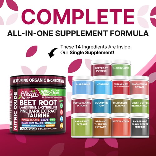 Clean Nutra Organic Beet Root Capsules L Arginine L Citrulline Pine Bark Nitric Oxide Beetroot Powder Arginine Citrulline Supplement Pre Workout Supplements Extract – 120 Vegan Pills