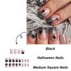 24Pcs Halloween Press on Nails Short Square Spider Fake Nails with Designs Full Cover Glitter Nails Tips False Nails Glossy Artificial Halloween Nails French Tip Acrylic Glue on Nails for Women Girls