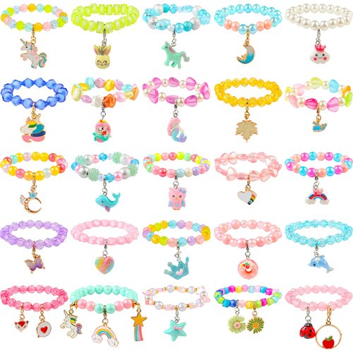 SOTOGO 55 Pieces Girls Bracelets Set Colorful Bracelets Princess Rainbow Unicorn Bracelets Charm Beaded Dress up Party Favors Bracelets for Kids Girls