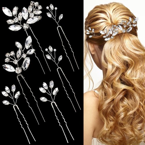 REDANHA 6 PCS Silver Bridal Hair Pins, Rhinestones Hair Accessories Crystal Wedding U-shape Hairpins Hair Jewelry for Bride Women Girls Bridesmaids