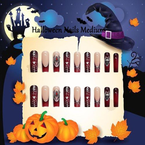 Wine Red French Press on Nails Medium Spider Web False Nails Metal Skeleton Spider Design Halloween Nails Square Full Cover Coffin Nails Artificial Acrylic Nails Halloween Glue on Nails for Women
