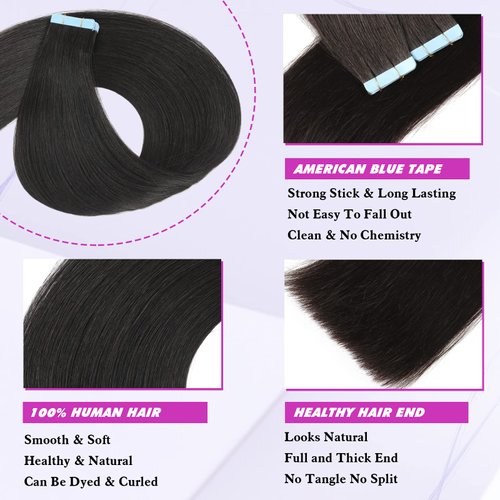 Tape in Hair Extensions Human Hair 10 Inch #1B Natural Black Pu Straight Hair 20 Pieces/Pack 40g Seamless Skin Weft Human Hair Extensions Tape in for Black Women (10Inch,Natural Black,40g)