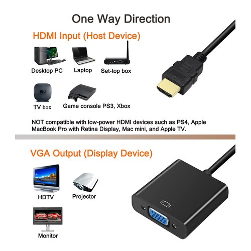 DTECH HDMI to VGA Adapter Cable for Computer Monitor PC TV 1080P HD Video (Male HDMI Input to VGA Output Female Connector)