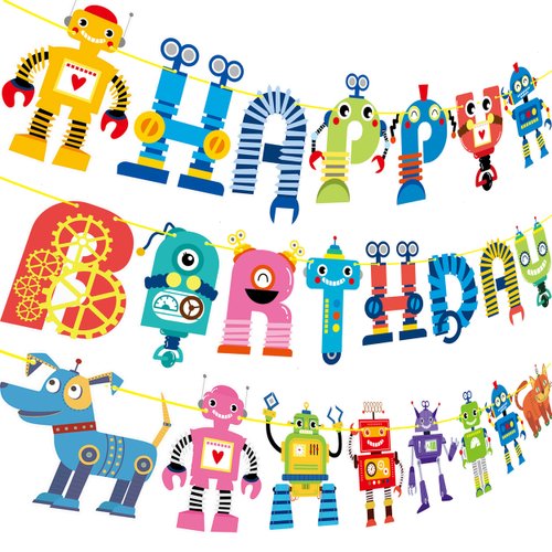 Robot Happy Birthday Banner Robot Birthday Party Decoration Cartoon Robot Hanging Decoration for Birthday Boys Party Robot theme Party Supplies